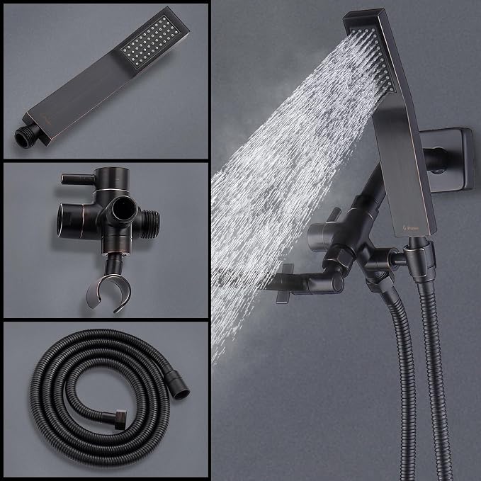 G-Promise All Metal 8 Inch Dual Square Shower Head with Handheld Combo, Rain Shower Head, Adjustable Extension Arm, 3-Way Diverter, 71 Inch Extra Long Hose - A Bathroom Upgrade (Oil Rubbed Bronze)