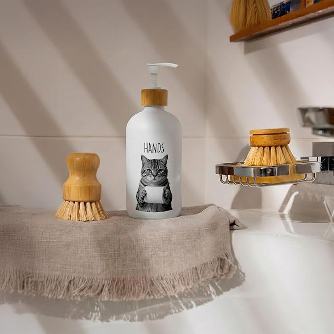 Tabby Cat Hand and Dish Soap Dispenser Set, Cat Lover Mom Dad Owner Gifts Glass Soap Dispenser for Kitchen, Funny Kitty Kitten Refillable Handsoap Pump Bottle for Bathroom Countertop