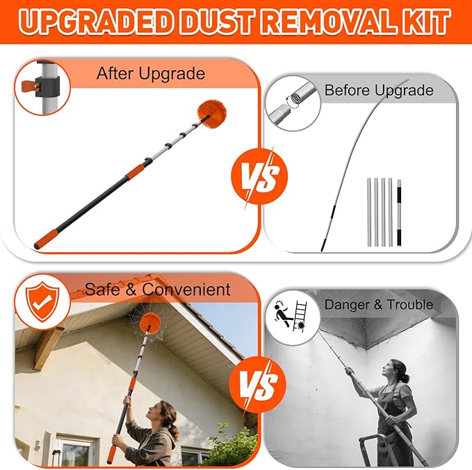 26FT Reach Cobweb Duster with Extension Pole - Spider Web Brush for Cleaning with 5-20FT 4-Section Flip-Lock Telescopic Pole, Effortlessly Cleans High Indoor & Outdoor Webs