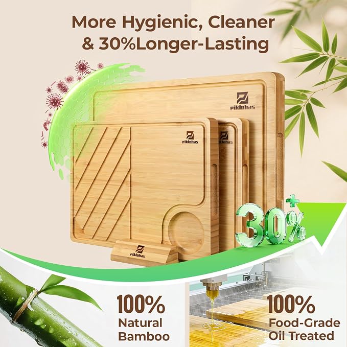 Large Bamboo Cutting Boards Set of 4 for Kitchen, Bamboo Charcuterie Chopping Board with Holder Non Slip, Steak Serving Tray with Juice Groove, Big Butcher Block for Cheese, Ideal for Gift