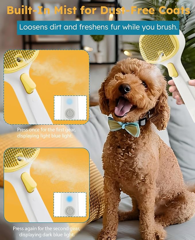 Cat Steam Brush for Cats & Dogs, Pet Steam Brush 3-in-1 with 2 Mist Modes, One-Touch Self Cleaning, Magnetic Safe Charging, Cat Hair Brush for Shedding, Dog Brush for Shedding, Yellow (Short Head)