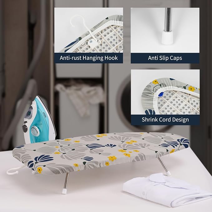 Tabletop Ironing Board 12"x29" – Portable Folding Ironing Board with Thick Felt Padding, Heat-Resistant Cover, Stainless Steel Legs, Compact & Space-Saving Design (Dandelion)