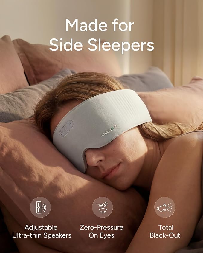 Sleenova SoundMask - Sleep Mask with Built-in Tuned Sleep Audio, Side Sleeper Optimized, Phone-Free Sleep & Nap, Bluetooth Modes, Cloud Grey