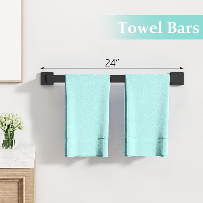 FEILERN 20-Piece Matte Black Bathroom Hardware Set, 24 Inch Bath Towel Bar Set, Stainless Steel Wall Mounted Towel Rack for Bathroom