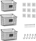 Wall Mounted Bin Basket with 5 Hooks 3 Label Plate Adhesive-3 Pack, Cabinet Hanging Metal Wire Basket,Rustic Farmhouse Decor, Storage Organization Shelf for Pantry Kitchen Bathroom 10.6*7.5*5.1inch