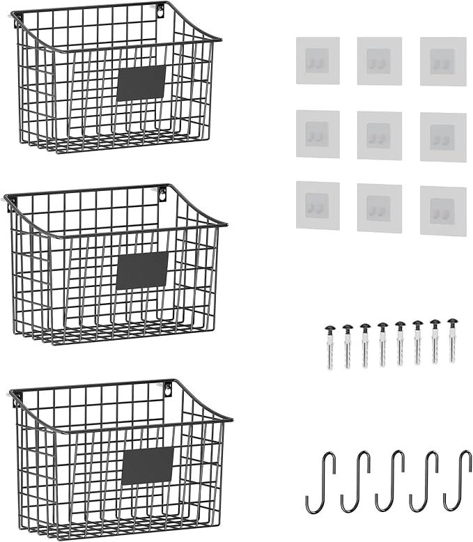 Wall Mounted Bin Basket with 5 Hooks 3 Label Plate Adhesive-3 Pack, Cabinet Hanging Metal Wire Basket,Rustic Farmhouse Decor, Storage Organization Shelf for Pantry Kitchen Bathroom 10.6*7.5*5.1inch