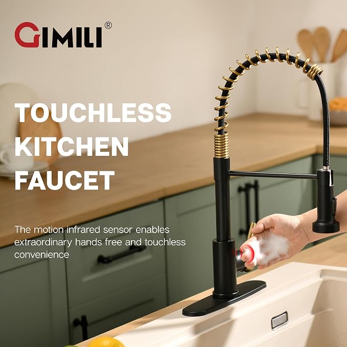 GIMILI Black and Gold Touchless Kitchen Faucet with AC Adapter, Smart Motion Sensor Hands Free Single Handle Kitchen Sink Faucet with Pull Down Sprayer