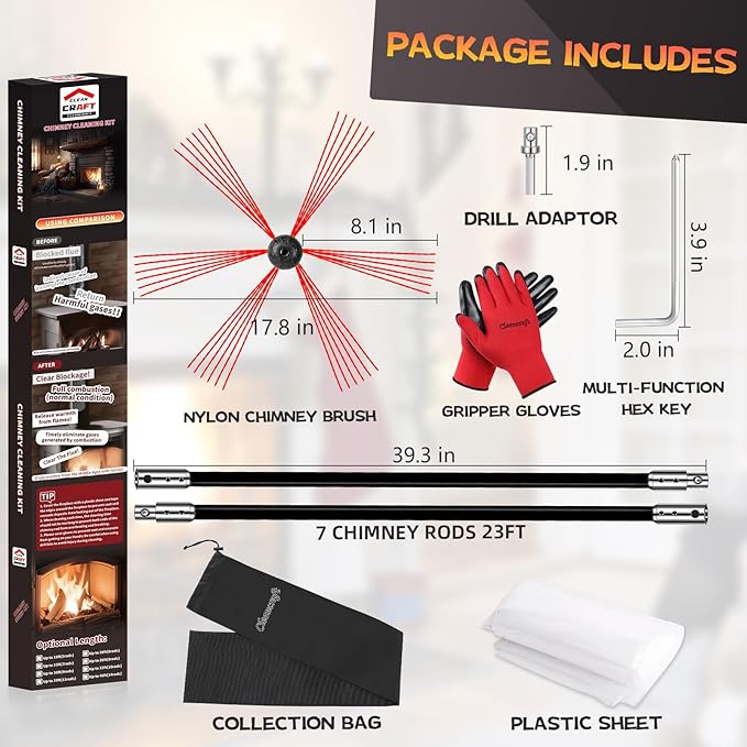23 Feet Chimney Sweep Kit, Chimney Cleaning Kit with 7 Flexible Black Chimney Rods, Rotary Chimney Cleaning System Driven by Drill for Sweeping Fireplace, Chimney Cleaners with Strong Brush