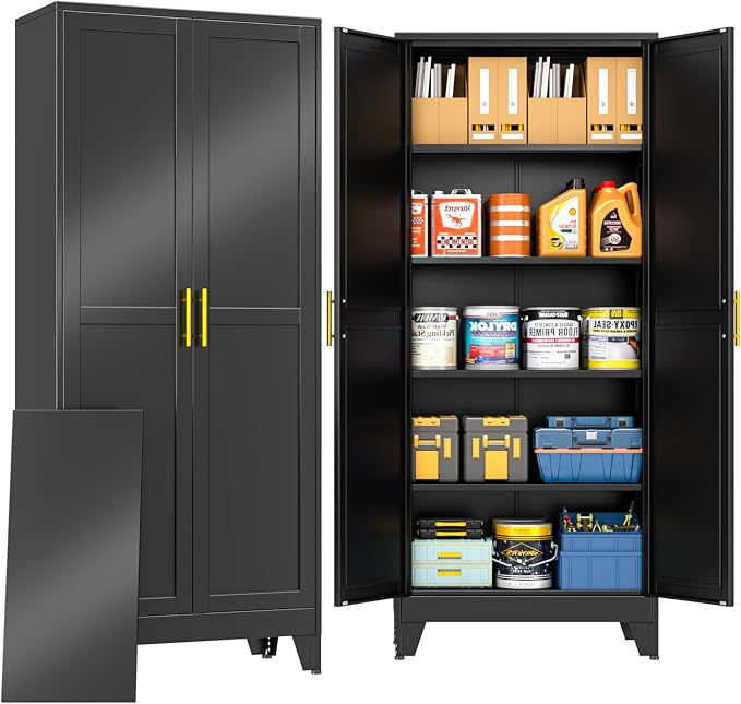 PAOFIN 71" Metal Storage Cabinet with 2 Doors and 4 Adjustable Shelves,Black Metal Garage Storage Cabinets, File Cabinet,Steel Tool Cabinets for Home,Office,Garage,School,Warehouse