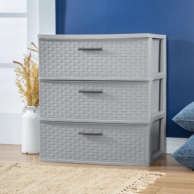 Sterilite 4 Pack 3 Drawer Wide Storage Tower, Weave Organizer, Cement | Lightweight Opaque Home Organization Container for Bedrooms, Closets, or Bathrooms