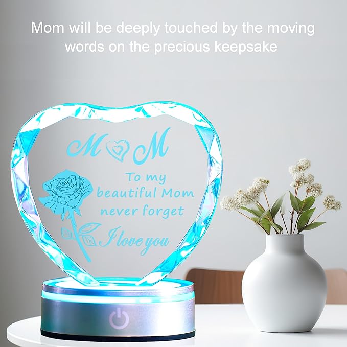 Heart Shaped Crystal Plaque for Mom, Laser Engraved Gift with Color Changing LED Light Base, Mothers Day Birthday Christmas Gift from Daughter Son