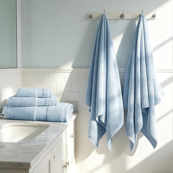 COZYART Luxury Bath Towels 2 PCS, Light Blue 100% Turkish Cotton 650 GSM | OEKO-Tex 100 Certified Zero Twist Ring Spun, Soft Absorbent Quick Dry, Plush Fluffy, Breathable Hotel Quality for Daily Use