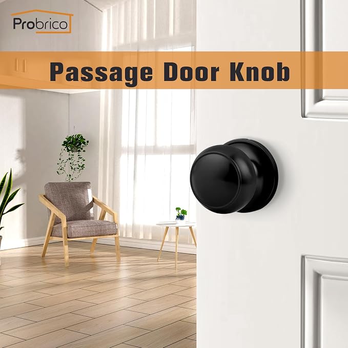 Probrico Black Door Knobs, Keyless Flat Ball Interior Door Knobs for Hallway Closet, Matte Black Passage Door Knob, 10 Pack
