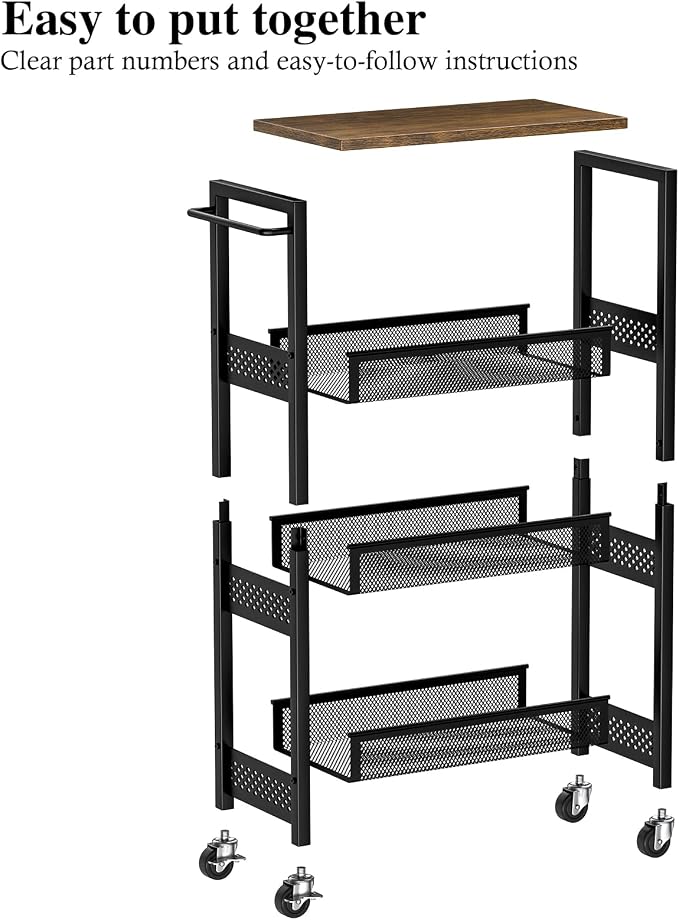 OKZEST Utility Slim Storage Cart, 4-Tier Narrow Bathroom Organizer and Storage Cart, Metal Narrow Kitchen Laundry Room Organization Rack with Wood Top, Slim Rolling Shelf with Wheels for Small Space