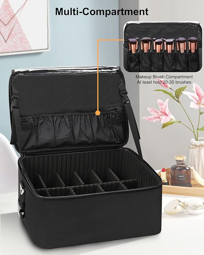 Relavel Makeup Bag Large Makeup Case Professional Cosmetic Storage Organizer Box Brush Holder with 3 Clear Set Bags for Makeup Artists with Shoulder Strap & Adjustable Dividers