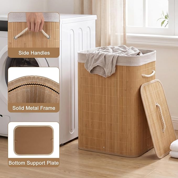 Giantex Bamboo Laundry Hamper with Lid, Removable Liner & Portable Handles | 19 Gal Large Capacity Clothes Hamper, Rectangular Laundry Basket for Bedroom Bathroom Laundry Room