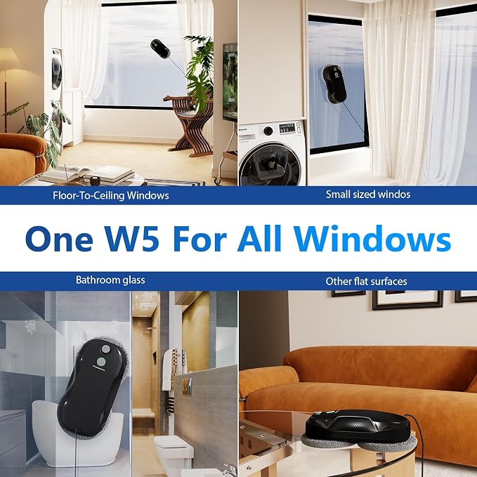 Tosima W5 Window Cleaning Robot, 6400Pa Max Adaptive Suction, Auto-Spray Smart Window Cleaner with Triple Safety System, Intelligent Navigation, Remote Control, for All Smooth Surfaces, Black