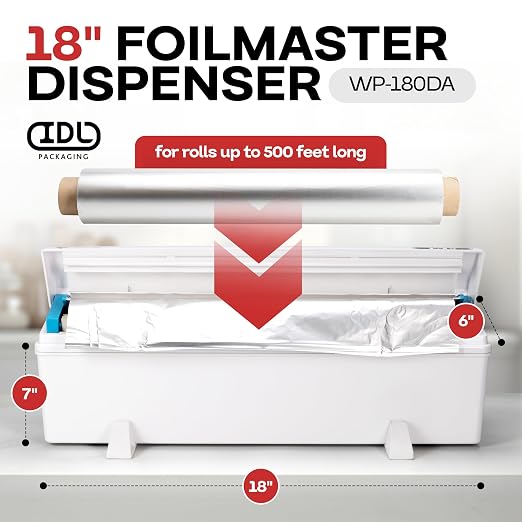 IDL Packaging WP-180DA 18" FoilMaster Dispenser for Aluminum Foil Roll, White - New Press-Cutter with Sharp Serrated Blade - 10X Longer Service Life with Durable Plastic Body