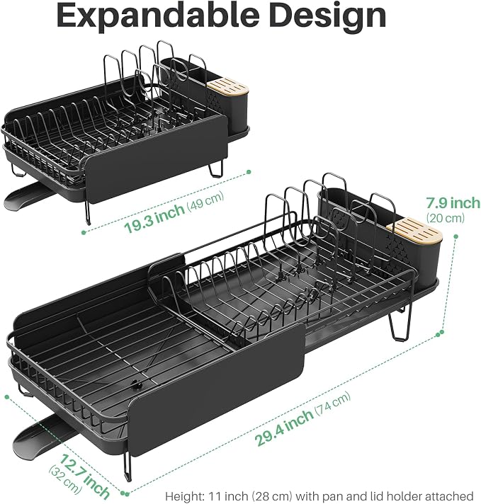 Large Expandable Dish Drying Rack for Kitchen Counter, 19.3-29.4 in, Black | Family Size Capacity, Adjustable Dividers for Pan, Lid & Cutting Board, Stainless Steel, Rotating Spout, Utensil Holder