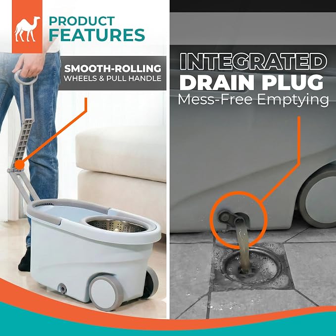 Grazie Spin Mop & Bucket Set - 360° Self-Wringing System with Wheels, Stainless Steel Handle - Hands-Free Floor Cleaning for Hardwood, Tile, Laminate - Includes 6 Washable Microfiber Mop Head Refills
