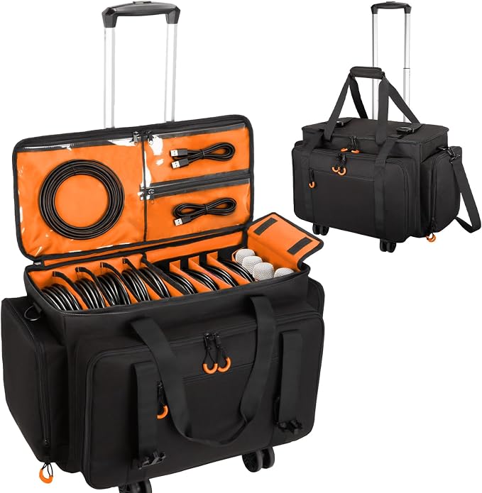 Rolling Dj Cable Bag with Laptop and Microphone Pocket, Dj Bag for Equipment and Music Accessories with Detachable Dividers, Bottom Pad, Dj Gig Bag for Musicians, Professional, Travel, Orange