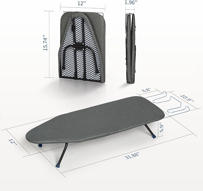 Small Ironing Board Foldable 31"x12" Black | BlissBoard Tabletop Iron Board with Cover and Pad, Metal Frame Mini Countertop Iron Table for Space Saving