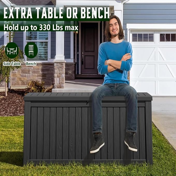 151 Gal Deck Box, Outdoor Storage Box Waterproof Lockable, Gas Lift,Black | Large sturdy grey resin deck box, double wall panels, waterproof backyard storage for package delivery, garden hoses tools