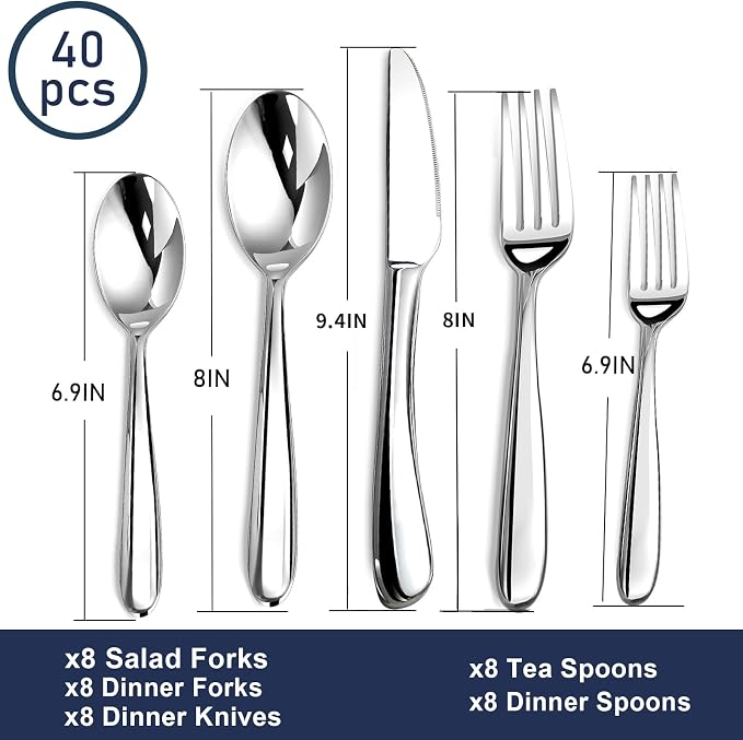 STILLOYE Heavy Duty Silverware Set for 8, 40 Piece Premium Stainless Steel Flatware Utensils Cutlery Set Including Steak Knife Fork and Spoon, Dishwasher Safe, Gift Package for Wedding Housewarming
