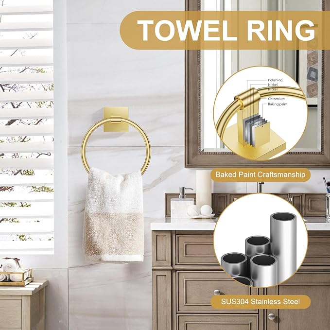 Brushed Gold Bathroom Hardware Towel Bar Set, 5 Pieces Double Dase Toilet Paper Holder Towel Holder Set, 23.6 Inch Stainless Steel Towel Rack for Bathroom Wall Mount