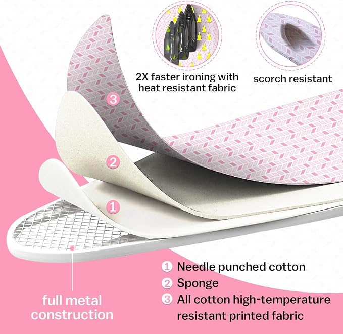 Wall Mounted Ironing Board Adjustable Height Fold Away Iron Board | 36x12 Inch Wall Mount Space-Saving Ironing Board with Removable Heat Resistant Cover for Small Spaces Home Laundry Room Pink