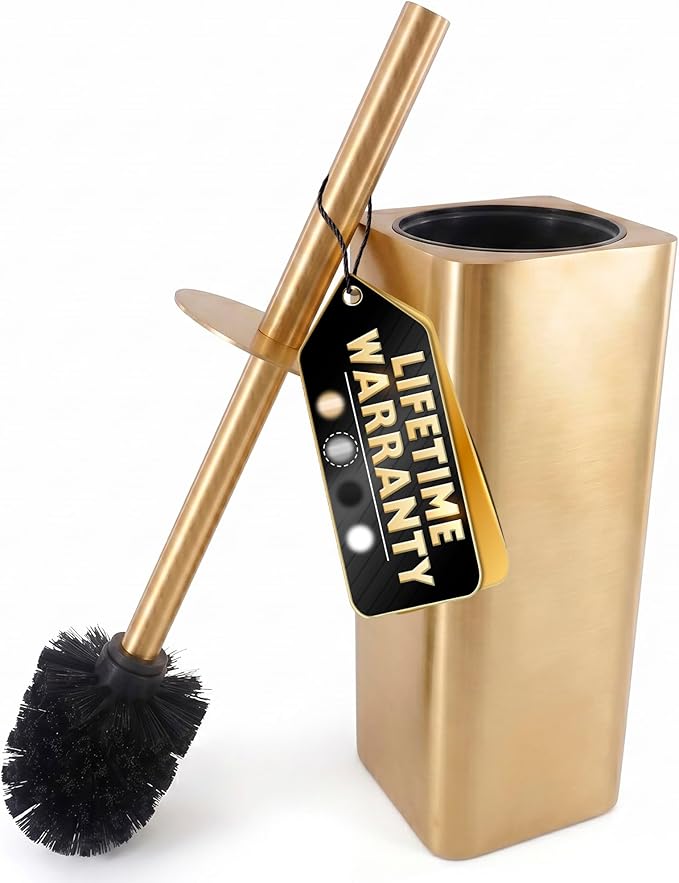 Gold Toilet Brush and Holder Set - Instantly Elevate Your Bathroom Style - Stainless Steel Toilet Bowl Brush and Holder with 2 Rounded Corners, Replaceable Head, Removable Inner Bowl & Splash Guard