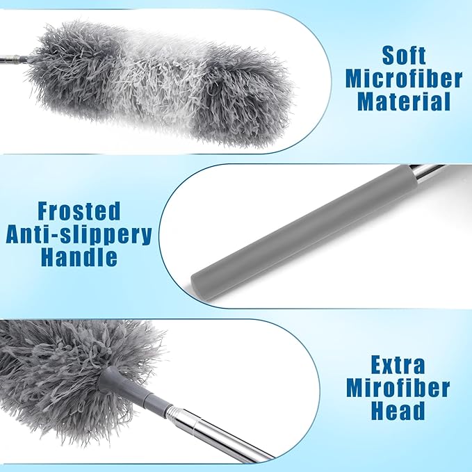 Tanlade 1 Pcs Microfiber Feather Duster for Cleaning 13-31 Inch Extendable Cobweb Dusters Ceiling Fan Duster Washable Bendable Tool for Office Car Window Furniture (Gray White)