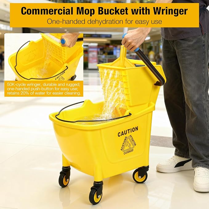 35Qt Commercial Mop Bucket with Side Press Wringer on Wheels Yellow | Including Wet Floor Caution Sign and Heavy-Duty Industrial Mop Set for Home/Business Floor Cleaning/Mopping