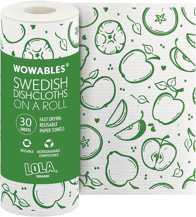 LOLA Swedish Dishcloths XL on a Roll, 30 Sheets, Fruit Pattern, Perforated Tear-Off 11" x 10" Sheets w/Hook, Reusable Absorbent Unpaper Towels Cellulose Sponge Cloth Biodegradable Made in Germany