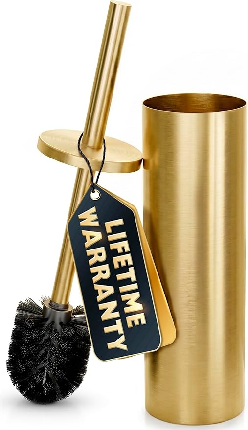 Gold Toilet Brush and Holder Set - Stainless Steel Gold Toilet Bowl Brush and Holder with Replaceable Head, Removable Inner Bowl, and Splash Guard - Dense Bristles for Thorough Cleaning