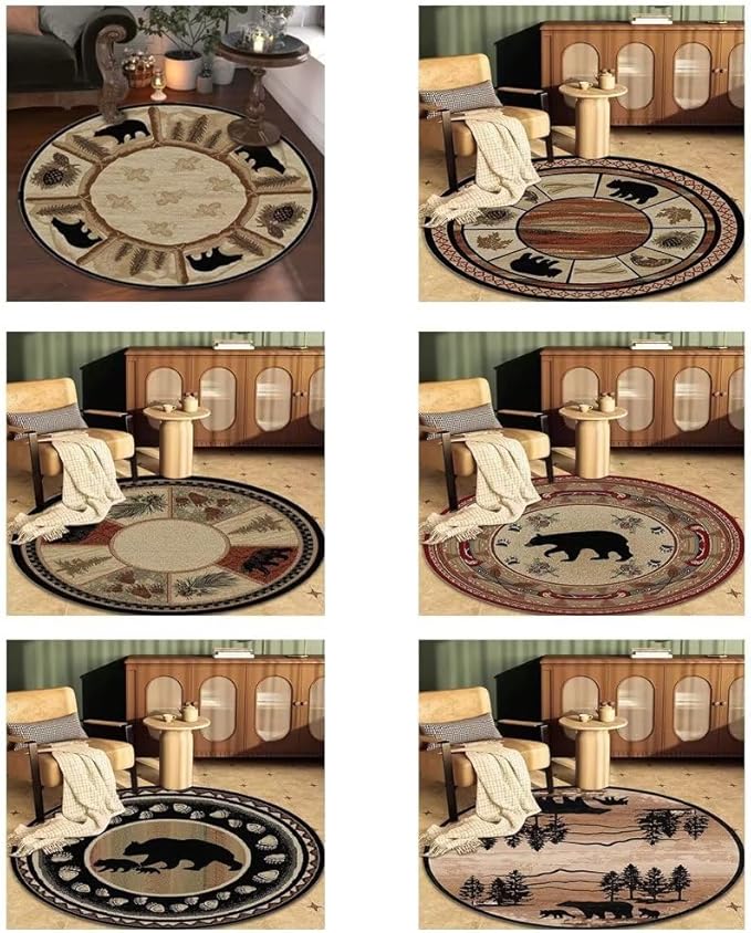 Cabin Bear Round Rugs 4ft for Laundry Room Dining Room Bathroom Circular Wildlife Area Rug Non-Slip Western Bear Indoor Floor Carpet
