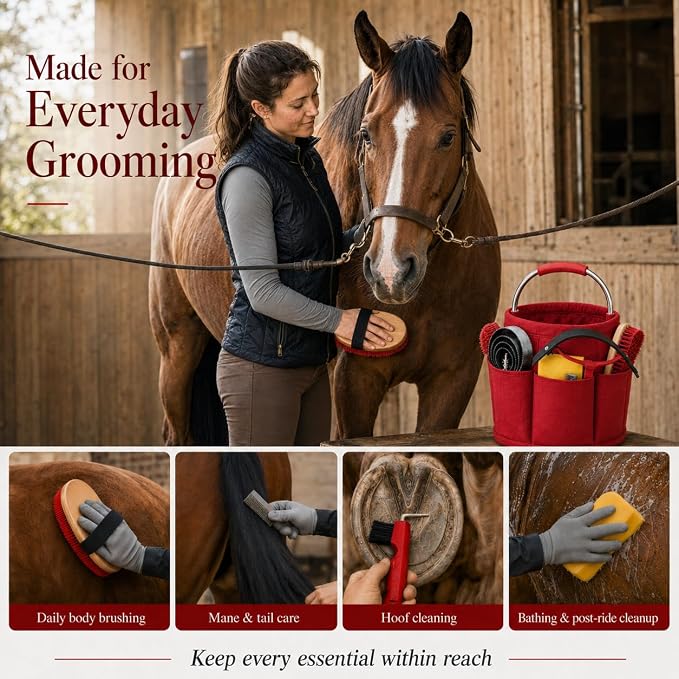 Horse Grooming Kit, 15-Piece Horse Brush Set with Red Tote Bag, Long Shedding Blade, Hoof Pick, Curry Comb, Sweat Scraper, Mane and Tail Comb, Gloves, Equine Grooming Supplies