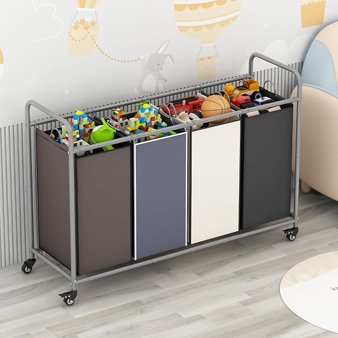 LINZINAR 4 Bags Laundry Hamper, Assorted Laundry Basket 180L Laundry Sorter | Laundry Room Organization with Heavy Duty Rolling Lockable Wheels and Removable Bag, Bedroom Laundry Cart for Clothes Storage