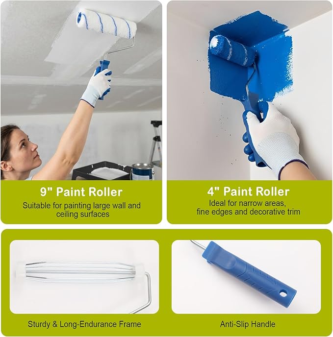 Housolution 33PCS Paint Roller Kit with 2–4 FT Extension Pole, 4 Inch 9 Inch Microfiber Paint Roller, 4 Brushes, Painters Tape, Drop Cloth, Professional Painting Supplies for Walls Ceilings and Home