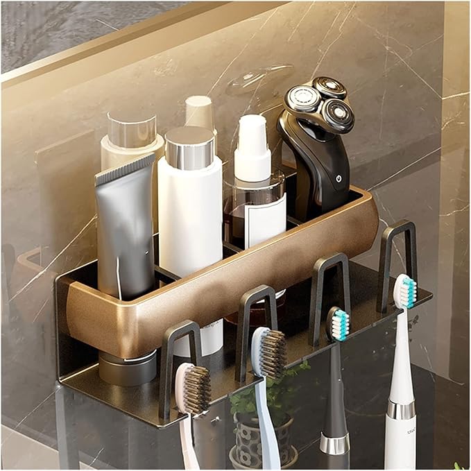 Toothbrush Rack Toothbrush Holder Wall-Mounted Bathroom Storage Rack 4 Toothbrush Slots, Punch-Free Multi-Function Toothbrush Holder Bathroom Toothbrush Holder(A)