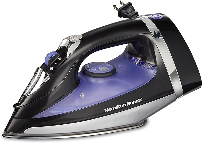 Hamilton Beach Steam Iron for Clothes With Versatile Steam Options | Durable Smooth Press Stainless Steel Soleplate | 1200 Watts, Heat-Up In Under 1 Minute | 8’ Retractable Cord | Black | 14214