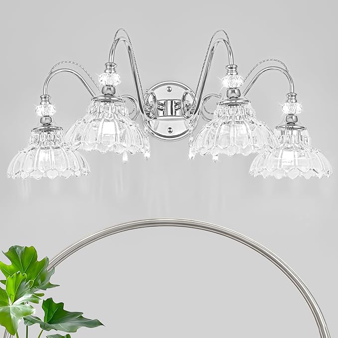 Brushed Chrome Bathroom Vanity Light, 4-Light Chrome Finish Wall Sconce with Hanging Crystal Accents and Flower-Shaped Clear Glass Shades, Modern Wall Mount Vanity Light Over Mirror for Bathroom