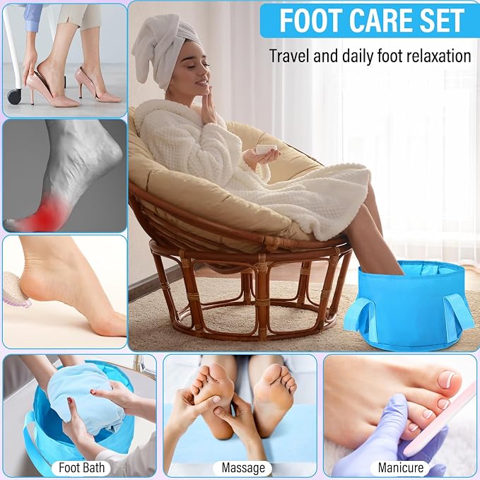 FillTouch 12 Pcs 15L Foldable Foot Soaking Tub Kit Portable Foot Bath Tub for Soaking Feet with Towel and Storage Bag Soak Spa Bucket for Travel Camping (Blue)