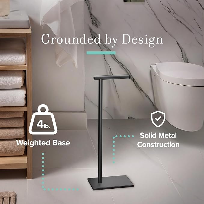 Gatco 1431MX Modern Square Base Toilet Paper Holder Stand, Matte Black, 22.25"H