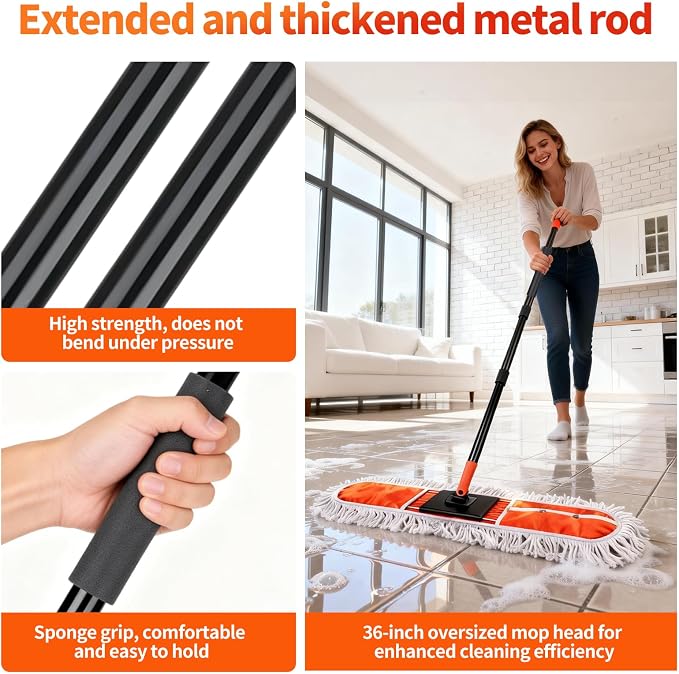 36" Large Commercial Dust Mops for Industrial Floor ，Marble, Laminate,Tile,Concrete,Garage. Janitor Broom Wide Dry mop for Hardwood ,Heavy Duty Long Handle Hotel Gym Household Cleaning Supplies