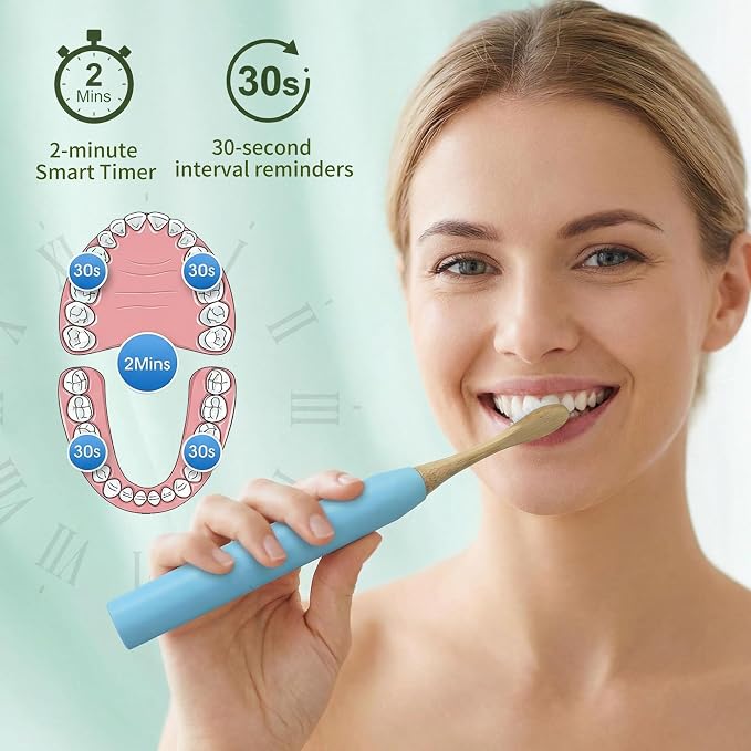 Sonic Electric Toothbrush with Bamboo Heads, Light Blue | Bamboo Electric Toothbrush, Soft Castor Oil Bristles, Smart Timer, 40000 VPM, 5 Modes, IPX7 Waterproof, 45-Day Battery Life