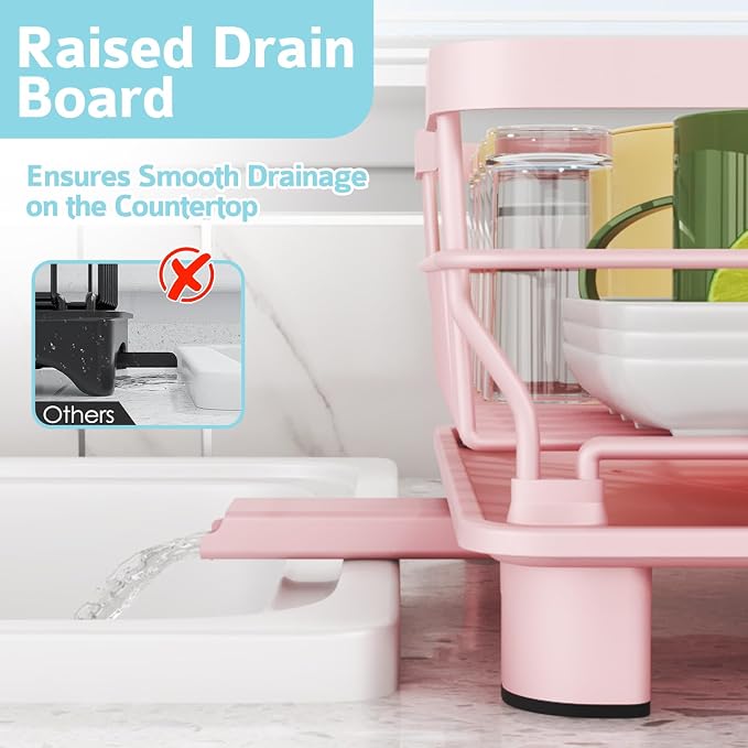 Dish Drying Rack for Kitchen Counter,12.8" W x 16.9" L,Pink | Space Saving Dish Rack, Self-Draining Drainboard, Rustproof Dish Drainer, Removable Utensil Holder
