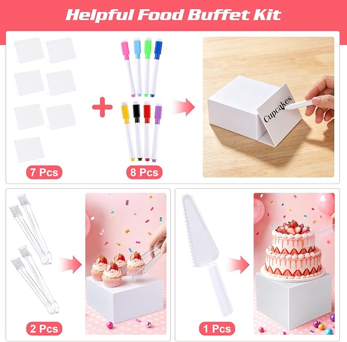 [7 Pcs] White Buffet Risers Food Risers - Dessert Table Display Set and Food Cake Stands with Table Sign and Maker,Serving Tongs,Cake Cutter for Wedding Birthday Party Decoration(Size 9" 8" 7" 6" 5" 4" 3")