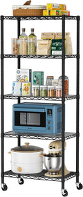 Golpart 5 Tier Shelves Storage Shelf Wire Closet Bathroom Organizers Metal Pantry Kitchen Garage Shelving Unit Laundry Room Organization Home Rack Net Basket Black with Wheels 14”D X 24”W X 61.2”H