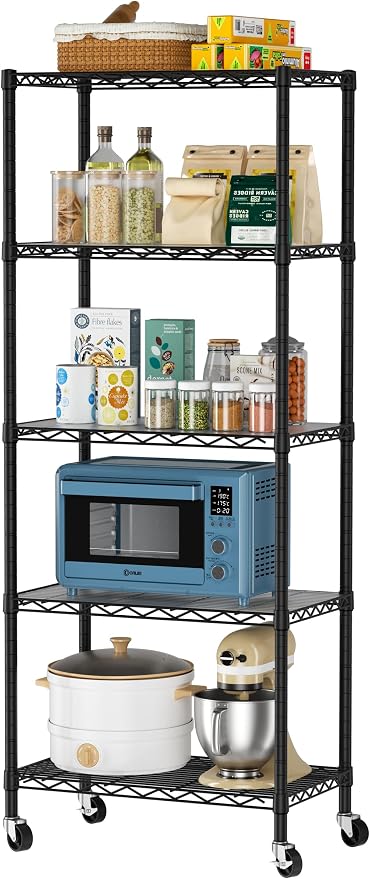 Golpart 5 Tier Shelves Storage Shelf Wire Closet Bathroom Organizers Metal Pantry Kitchen Garage Shelving Unit Laundry Room Organization Home Rack Net Basket Black with Wheels 14”D X 24”W X 61.2”H